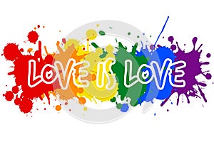 Love is love hand lettering written on a watercolor rainbow spectrum pride flag, isolated on white. LGBT rights concept