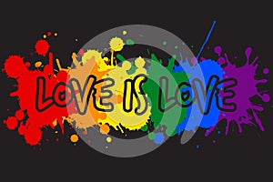 Love is love hand lettering written on a watercolor rainbow spectrum pride flag, isolated on white. LGBT rights concept