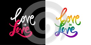 Love is love. Happy pride day. LGBTQ Pride Month. Rainbow flag. Conceptual poster with LGBT rainbow hand lettering. Colorful