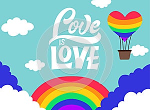 Love is love. LGBT lettering quote. Pride poster concept with colorful rainbow. Vector illustration for placard, card