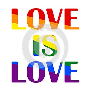 Love is Love with rainbow colors slogan typography banner on white background.