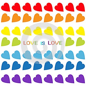 Love is love rainbow text. Rainbow heart set. Seamless Pattern. Wrapping paper, textile template. Lgbt sign symbol. Gay flag color