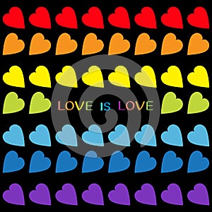 Love is love rainbow text. Rainbow heart set. Seamless Pattern. Wrapping paper, textile template. Lgbt sign symbol. Gay flag color