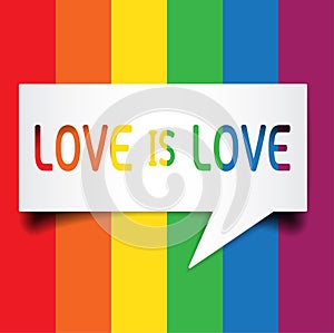 `Love is love` text in white chat bubble on rainbow color background