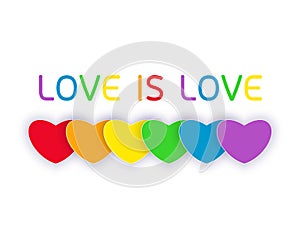 `Love is love` word with hearts rainbow color on white background,vector illustration.