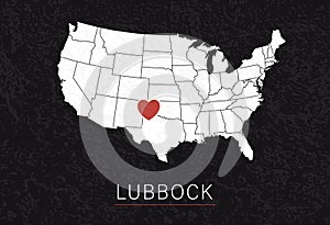 Love Lubbock Picture. Map of United States with Heart as City Point. Vector Stock Illustration