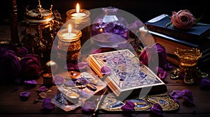 Love magic and fortune telling tarot cards, candle, rose petals on wooden background