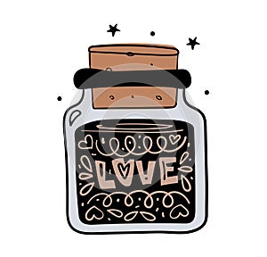 Love. Magic jar with love potion, boho style hand drawing, witch tattoo, tarot card. Vector sketch illustration isolated on white