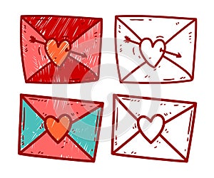 Love mail, simple line art envelopes with heart decor. Vector set