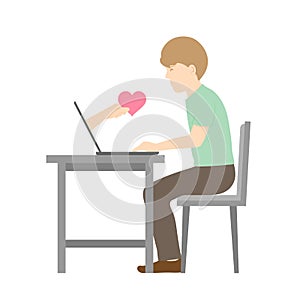 In love man chat of internet cyber fall in love long distance concept idea, laptop and hand holding heart illustration isolated on