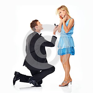 Love, marriage question and wedding proposal of a couple with a man on his knee. Diamond ring, jewelry and engagement