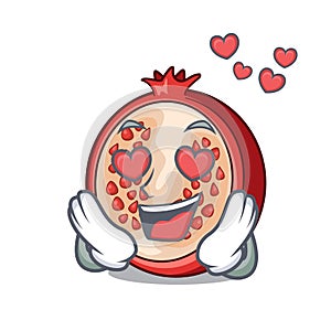 In love mascot half of fresh pomegranate fruits