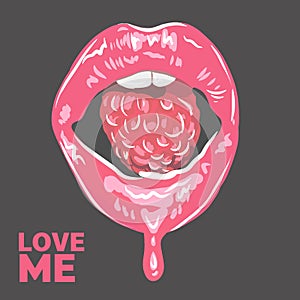 Love me, inscription, juicy pink lips with raspberries, decoration for a postcard