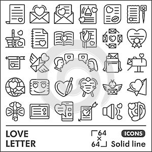 Love message line icon set, love and relationships symbols collection or sketches. Valentines day solid line linear