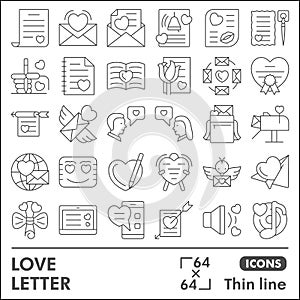Love message line icon set, love and relationships symbols collection or sketches. Valentines day thin line linear style