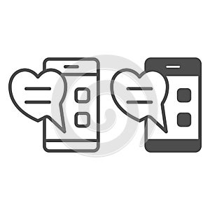 Love message on smartphone screen, heart, chat line and solid icon, dating concept, texting vector sign on white