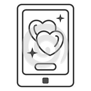 Love message in smartphone thin line icon, Valentines Day concept, mobile phone with hearts sign on white background