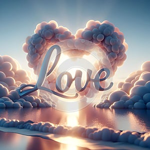 A love message written among white heart clouds set on a calm seashore.