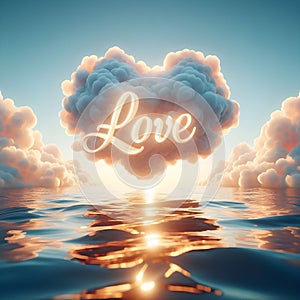 A love message written among white heart clouds set on a calm seashore.