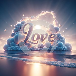 A love message written among white heart clouds set on a calm seashore.