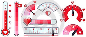 Love meter. Valentines Day card, love indicator with red hearts and love thermometer. Red heart meters vector set