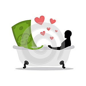 Love of money. Dollar and man in bath. Man and cash washing in b