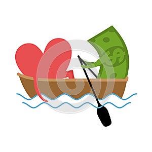 Love and money Ride in boat. Selling love. Dollar and heart