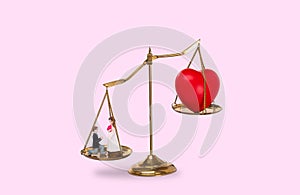 Love Money Symbol Concept. Red Heart shape on balance scale exchange trade for Materialism, bride groom and buy sale lover. Love