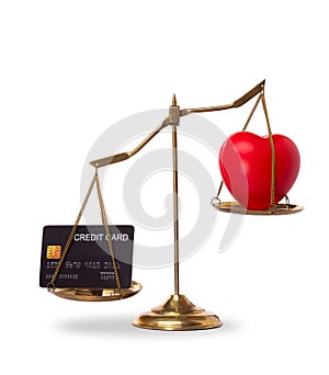 Love Money Symbol Concept. Red Heart shape on balance scale exchange trade for Materialism, credit card, bitcoin and buy sale