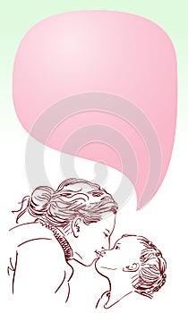 Love of mother and daughter. Little girl kissing her mom in lips. Family, children and happy people concept banner with pink speec