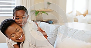 Love, mother and excited child hug playing together bonding in bedroom at house. Happy black woman and baby affection