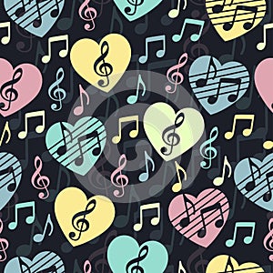 Love for music, musical abstract vector background, seamless pattern.