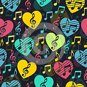 Love for music, musical abstract vector background, seamless pattern.