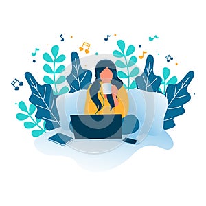 Love Music. A Woman illustration listening to music from laptop while drinking coffee