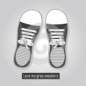 Love my gray sneakers - A pair of cute gray sneakers poster icon with tied white shoelaces on gray gradient