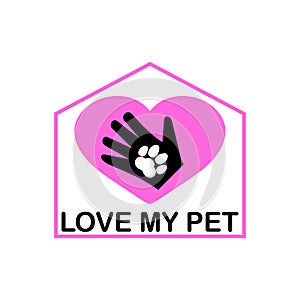 Love my pet logo with dog pawprint, heart and human hand. Pink vector clipart and drawing. Design template and icon.