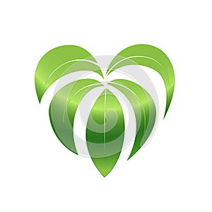 Love nature. Green leaf and heart shape logo. Vector illustration