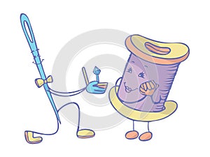 Love between needle and thread. Vector illustration on white background.