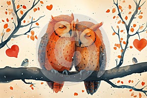 Love Nest: Adorable Owl Couple Tenderly Hugging - Valentine\'s Day Postcard. Generative ai
