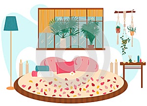 Love nest, big bed, massage, spa, lovely room for relax, flat vector illustration. Romantic place decor rose petal