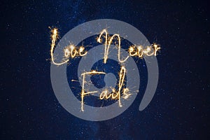 Love Never Fails Inspirational Christian Quote On Night Sky Full Of Stars