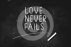 LOVE  NEVER FAILS  written with chalk on blackboard icon logo design vector illustration