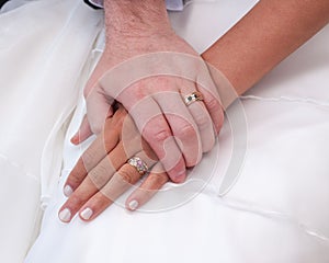 Love. Newly weds holding hands after wedding