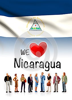 We love Nicaragua, A group of people pose next to the Nicaraguan flag