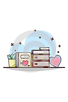 Love novels, diary books and valentines day greeting cards cartoon illustration