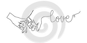 Love one line art. Continuous line drawing of couple in love, lovers hold hands, hold on to fingers, feelings.