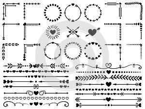 Love ornaments. Wedding hearts ornamental, decorative heart border and inlove frame design ornament vector elements set