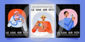 We love our pets banners, people holding animals