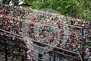 Love padlocks symbolizing love between couples at Namsan tower in Seoul South Korea
