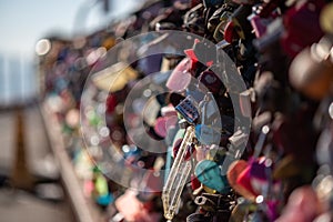 Love padlocks symbolizing love between couples at Namsan tower in Seoul South Korea